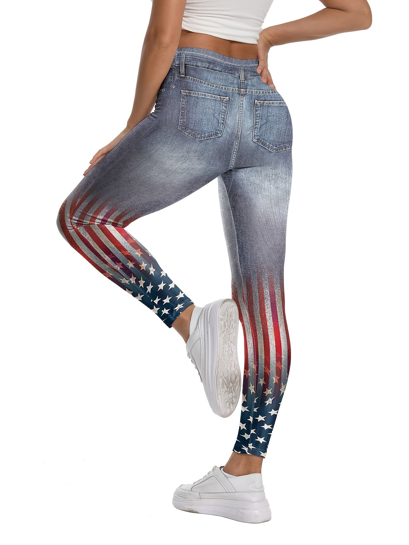 Women's High-Waisted Imitation Denim 3D All-Over Print Leggings - Patriotic American Flag Design, High-Stretch Machine-Washable Yoga Pants for Casual Wear & 4th of July Outfits, Seasonal Fashion | Stylish Flag Pattern | Comfo
